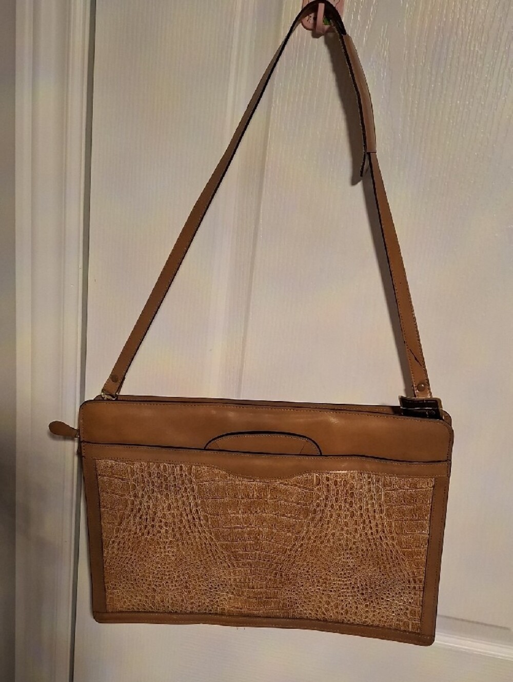 Bugatti Cognac Croc-Embossed Leather Briefcase with Shoulder Strap - Picture 15 of 16